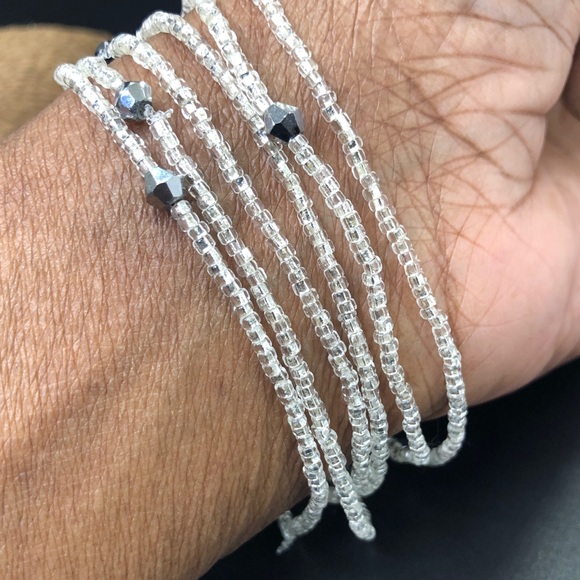 Multi Strand Tiny Silver Glass Seed Beads Stretch Stacking Beaded Bracelets - Picture 6 of 11